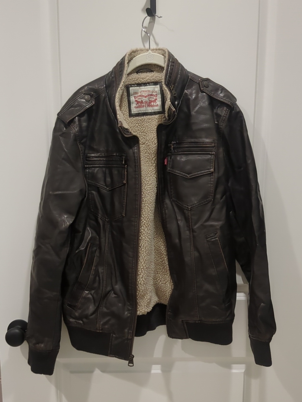 Levi's Dark Brown Leather Bomber Jacket with Sherpa Lining